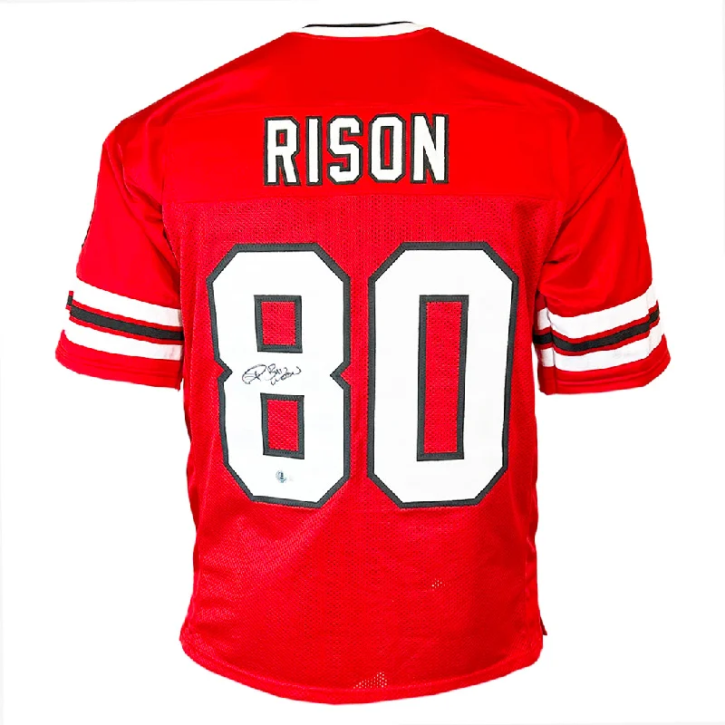 Andre Rison Signed Bad Moon Inscription Atlanta Red Football Jersey (Beckett)