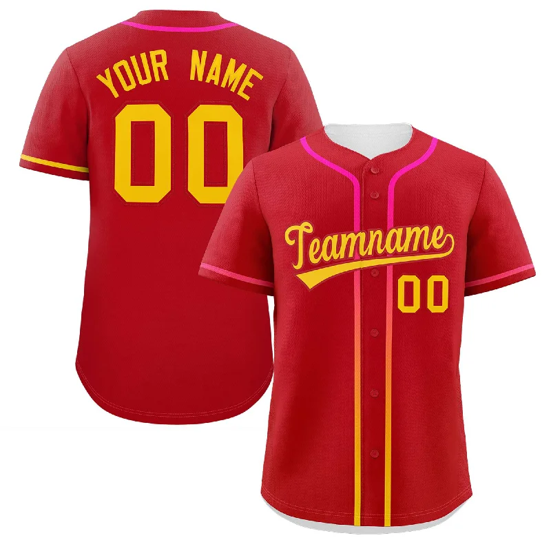 Custom Red Gold Personalized Gradient Ribbed Design Authentic Baseball Jersey