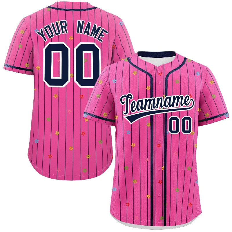 Custom Pink Navy Stripe Fashion Personalized Star Pattern Authentic Baseball Jersey