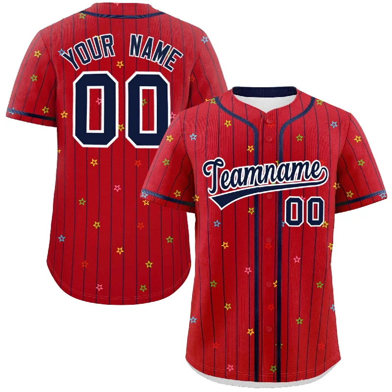 Custom Red Navy Stripe Fashion Personalized Star Pattern Authentic Baseball Jersey