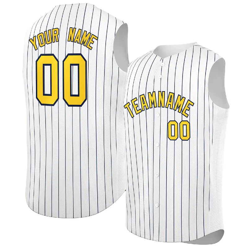 Custom White Gold-Navy Sleeveless Stripe Fashion Baseball Jersey