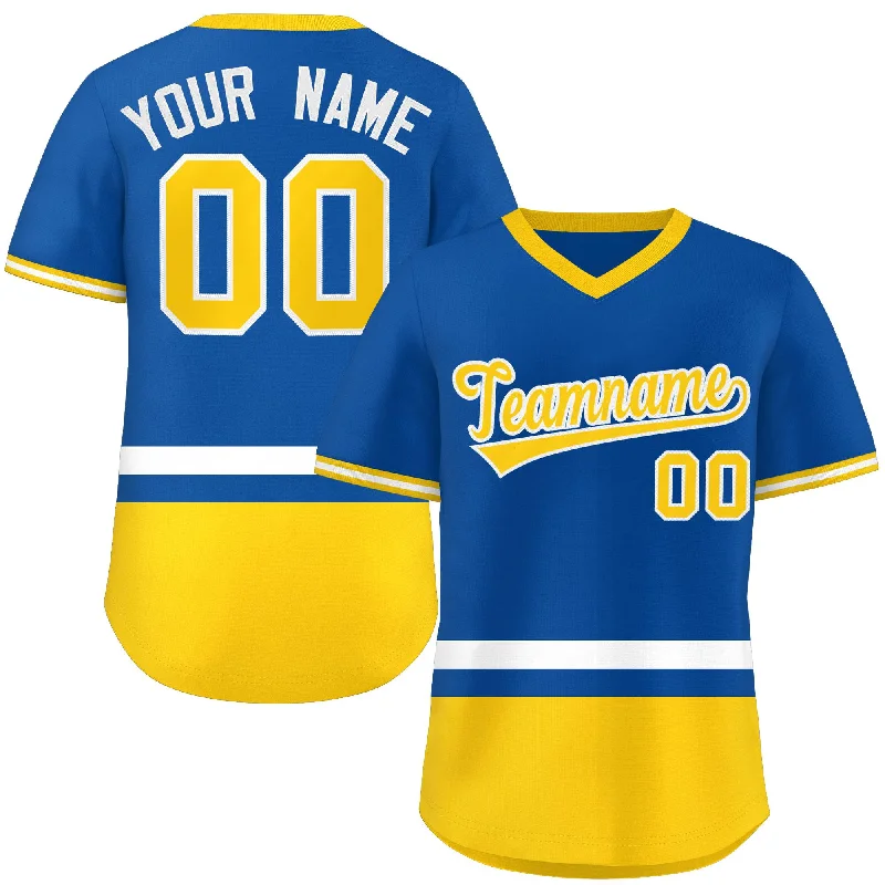 Custom Royal White-Gold Color Block Personalized V-Neck Authentic Pullover Baseball Jersey