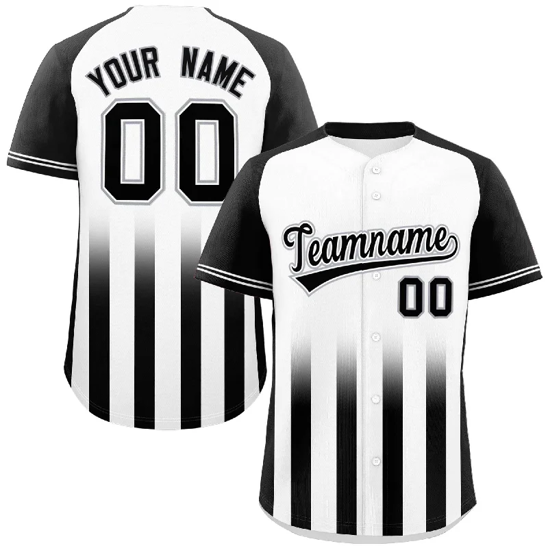 Custom White Black Raglan Sleeves Gradient Thick Stripe Authentic Baseball Jersey