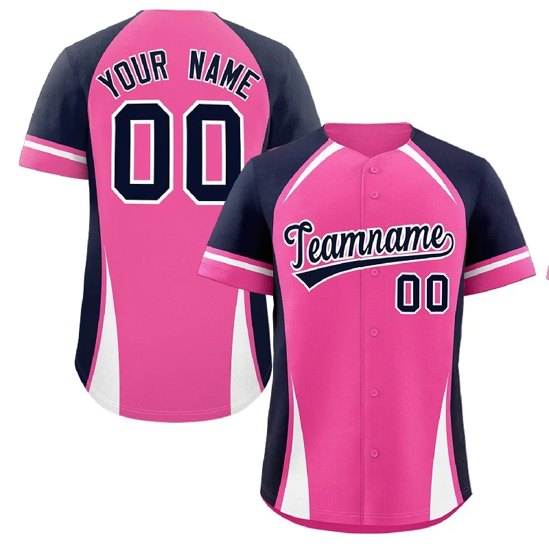 Custom Pink Navy-White Personalized Color Block Authentic Baseball Jersey