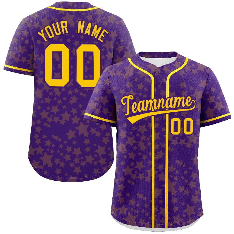 Custom Purple Gold Personalized Star Graffiti Pattern Authentic Baseball Jersey