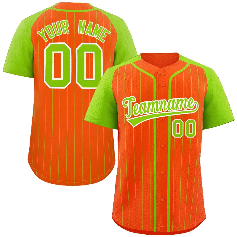 Custom Orange Neon Green-White Stripe Fashion Raglan Sleeves Authentic Baseball Jersey