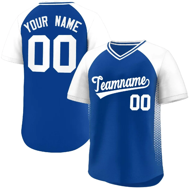 Custom Royal White Raglan Sleeves Side Spot Authentic Pullover Baseball Jersey