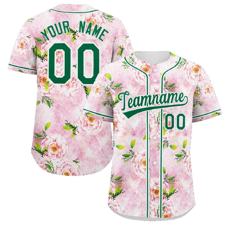 Custom Pink Kelly Green-White Graffiti Pattern Authentic Flower Baseball Jersey