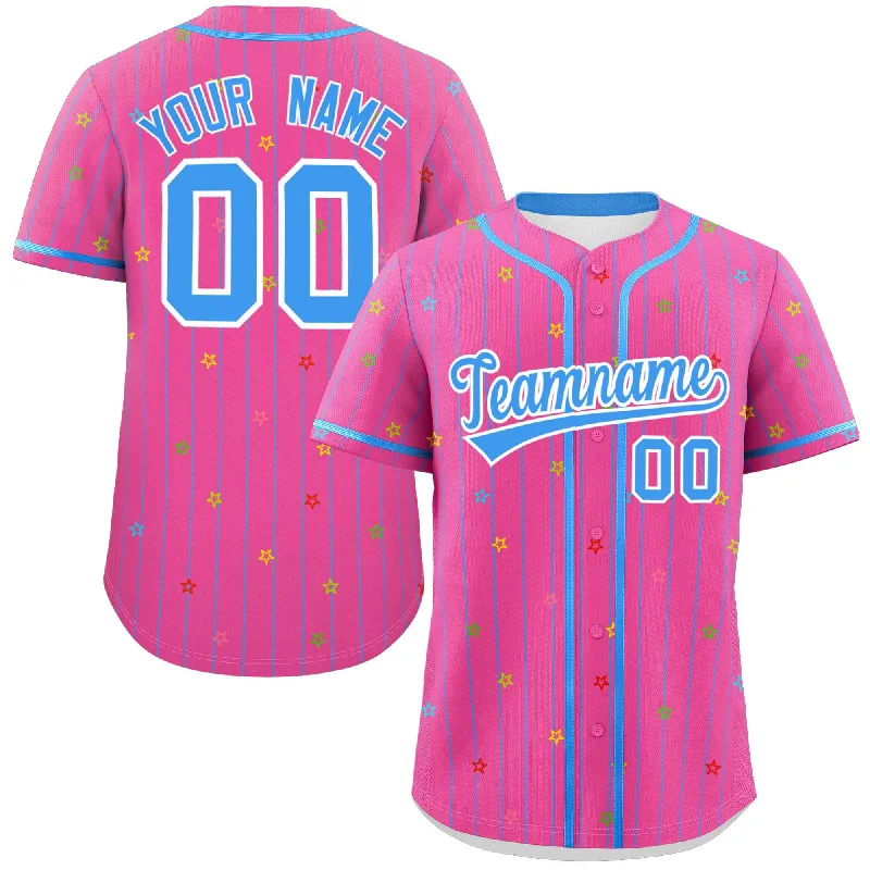 Custom Pink Powder Blue Stripe Fashion Personalized Star Pattern Authentic Baseball Jersey