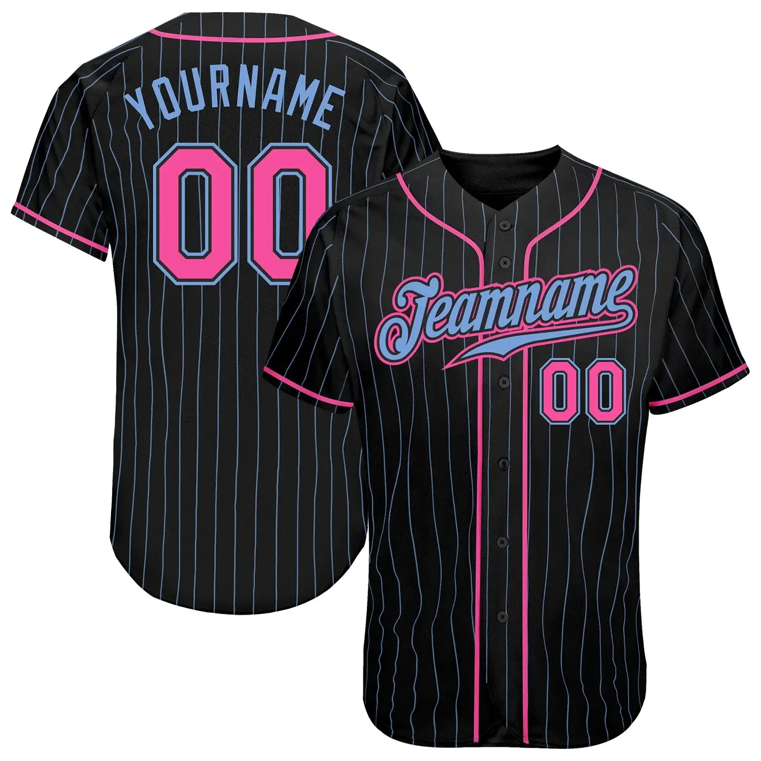 Custom Black Pinstripe Pink-Light Blue Authentic Baseball Jersey