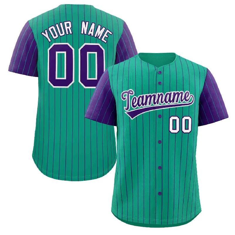 Custom Teal Purple-White Stripe Fashion Raglan Sleeves Authentic Baseball Jersey