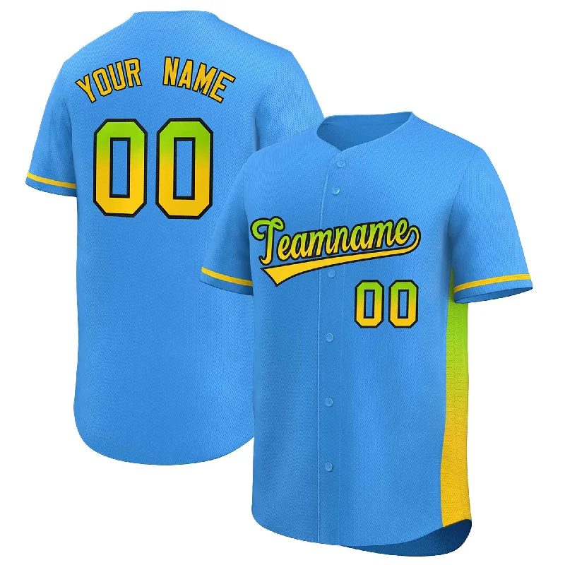 Custom Powder Blue Neon Green-Gold Personalized Gradient Font And Side Design Authentic Baseball Jersey