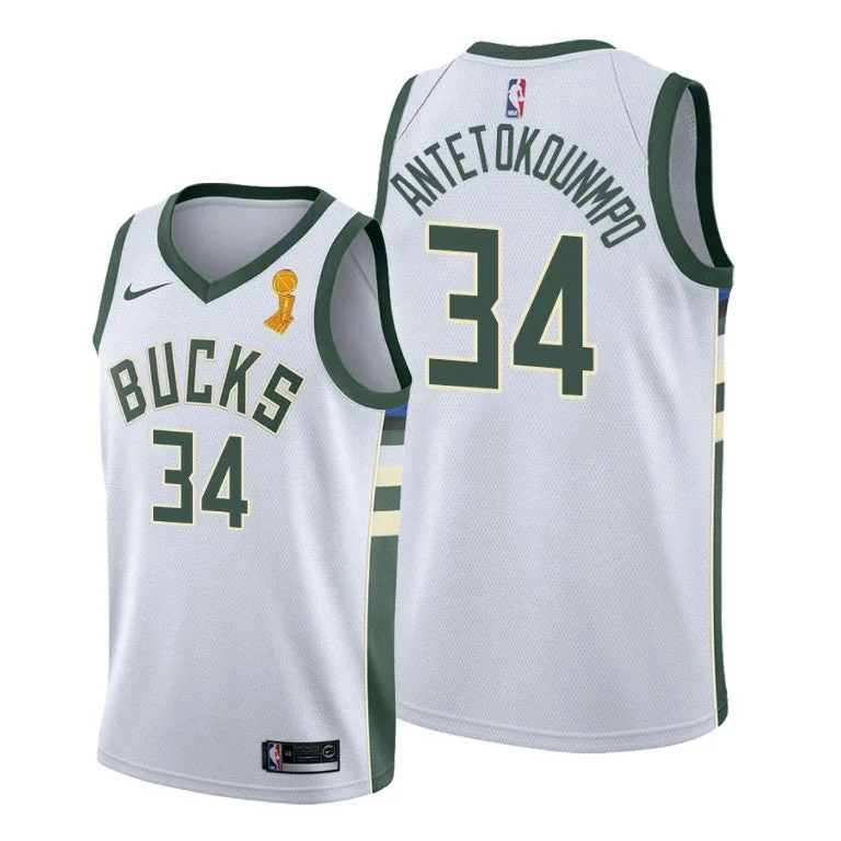 Men's Milwaukee Bucks #34 Giannis Antetokounmpo 2021 White Finals Champions Stitched Basketball Basketball Jersey (Check description if you want Women or Youth size)