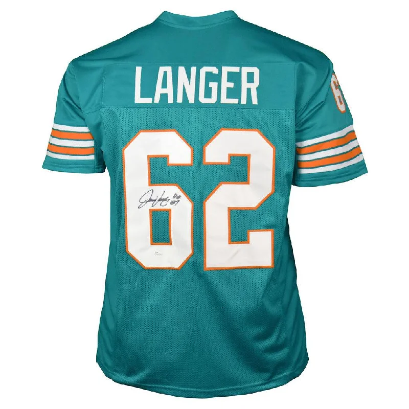 Jim Langer Signed HOF 87 Inscription Miami Pro Teal Football Jersey (JSA)