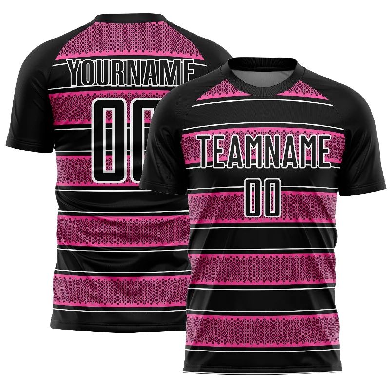 Custom Black Pink-White Geometric Shapes And Line Sublimation Soccer Uniform Jersey