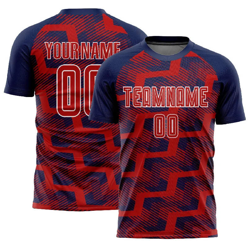 Custom Navy Red-White Line Sublimation Soccer Uniform Jersey