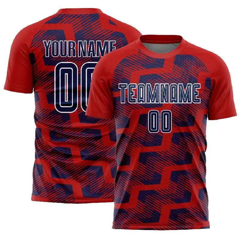 Custom Red Navy-White Line Sublimation Soccer Uniform Jersey