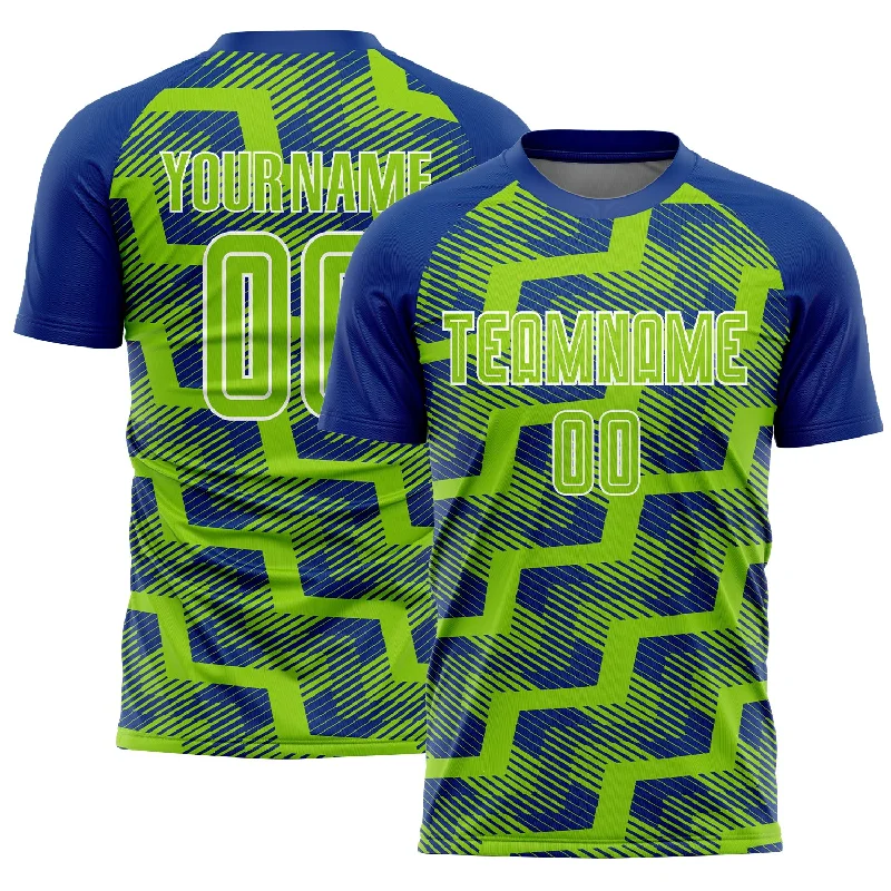 Custom Royal Neon Green-White Line Sublimation Soccer Uniform Jersey