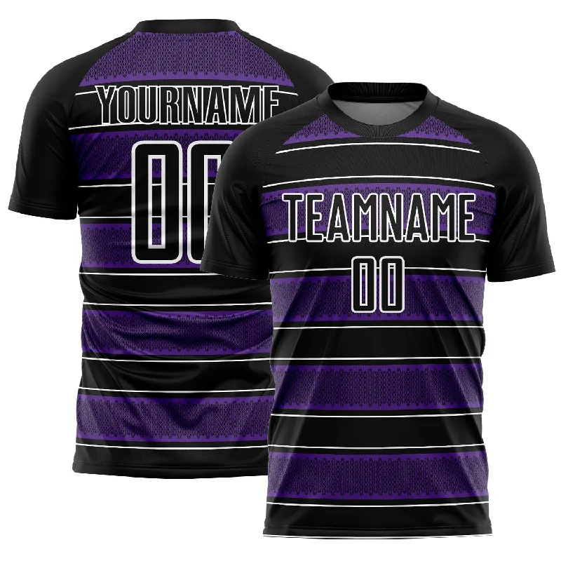 Custom Black Purple-White Geometric Shapes And Line Sublimation Soccer Uniform Jersey